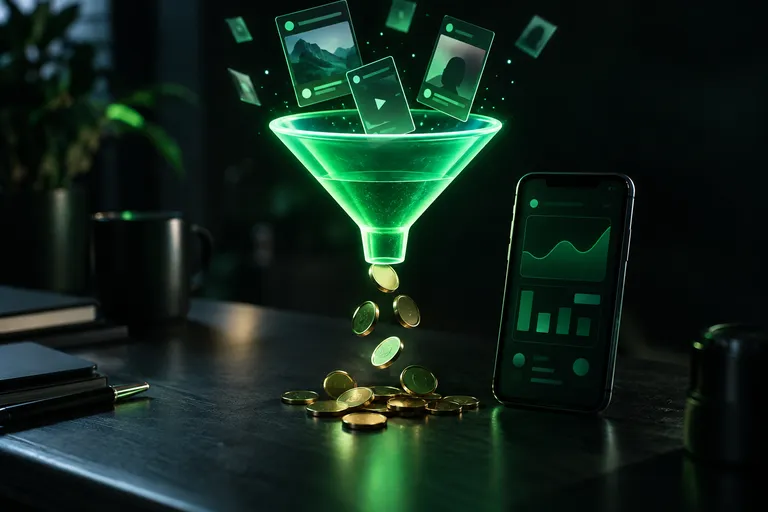 Funil iluminado transformando publicações em vendas