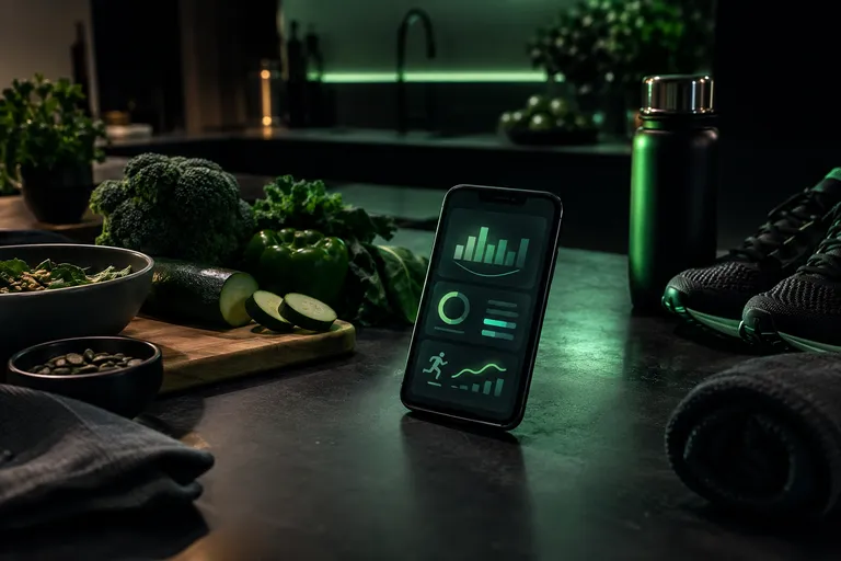 Celular na cozinha mostrando finanças pessoais e plano de treino