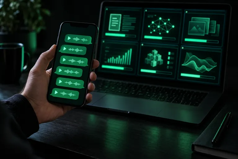 Celular com áudio enviado ao agente e, atrás, o computador com vários agentes trabalhando ao mesmo tempo