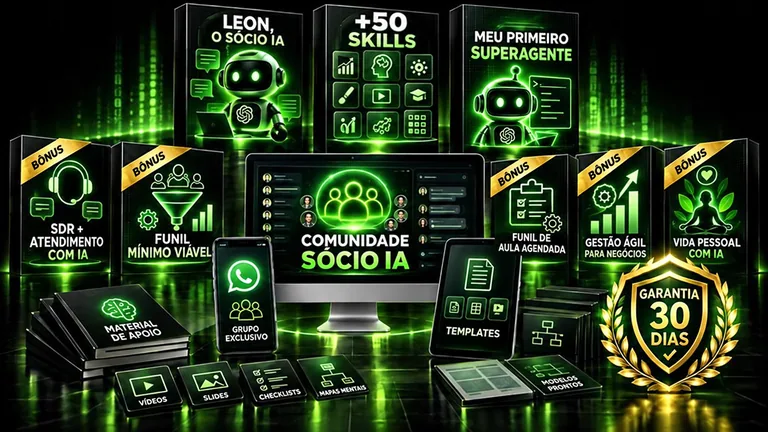 Tudo que entra na Comunidade Sócio IA: LEON, mais de 50 skills, Meu Primeiro Superagente, 5 treinamentos bônus, grupo exclusivo, templates, material de apoio e 30 dias de garantia