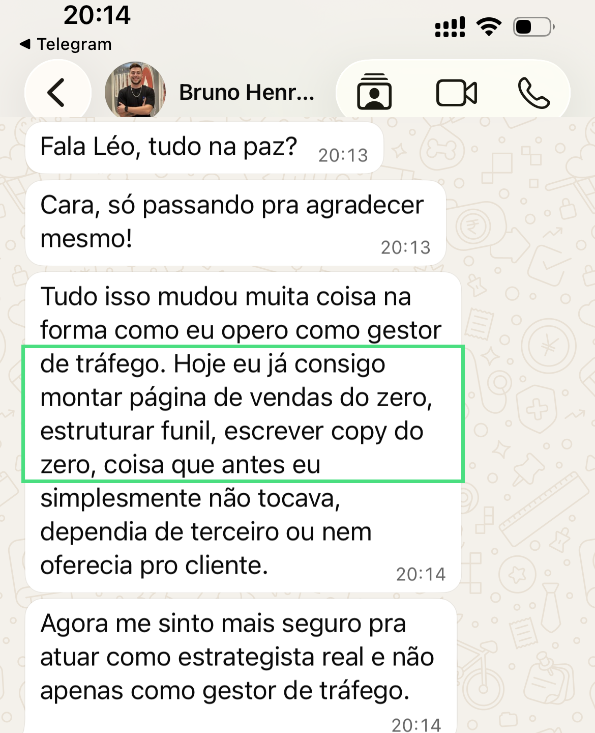 Conversa de Bruno Henrique sobre autonomia para criar página, funil e texto de vendas.
