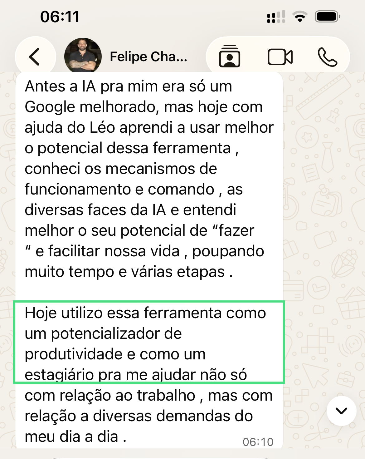 Conversa de Felipe sobre produtividade e estratégia com IA.