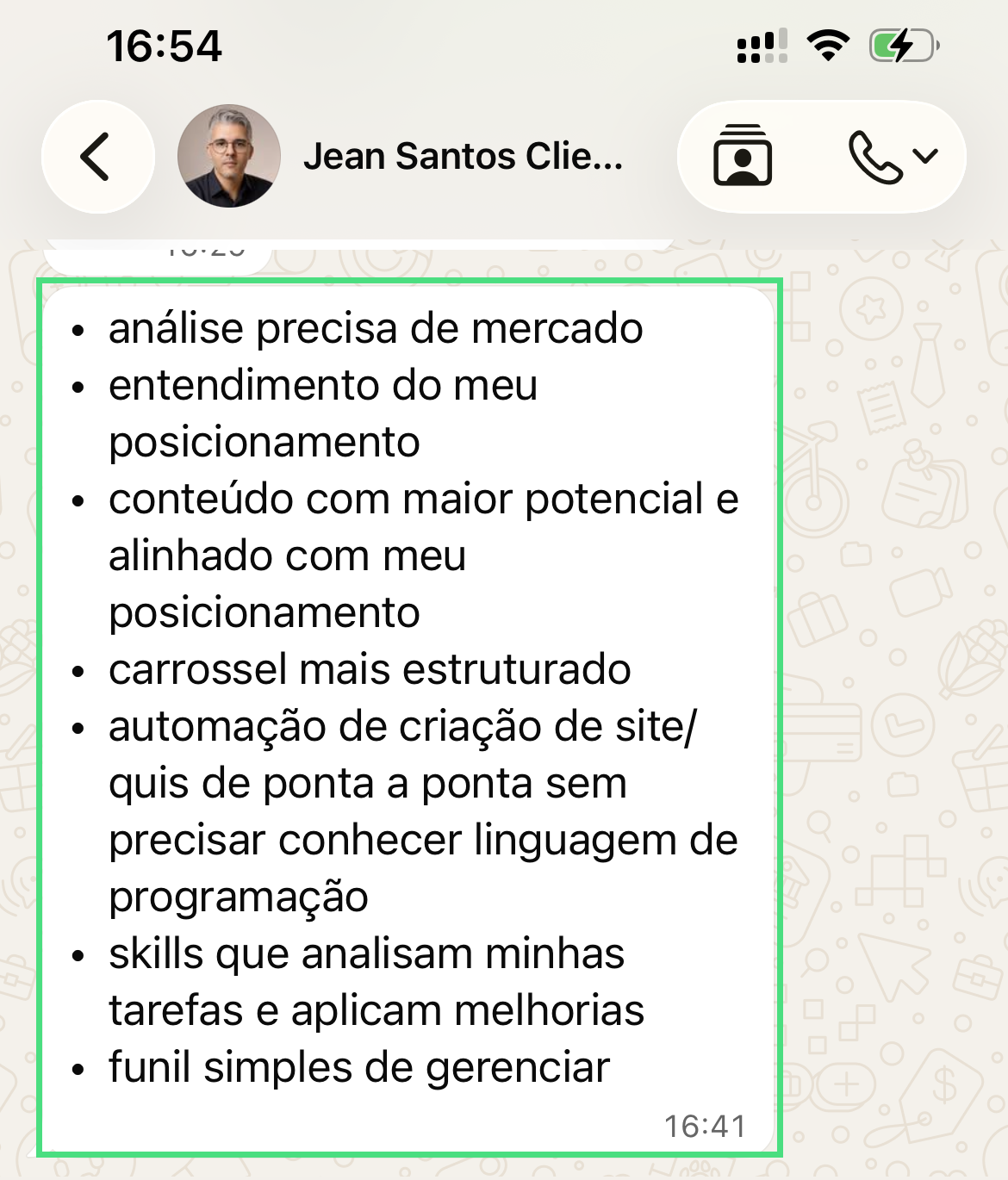 Conversa de Jean Santos listando mercado, posicionamento, conteúdo, site e funil.