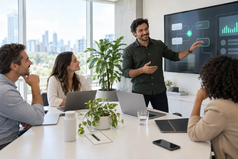 Consultor apresenta um painel de agentes pra equipe de uma empresa