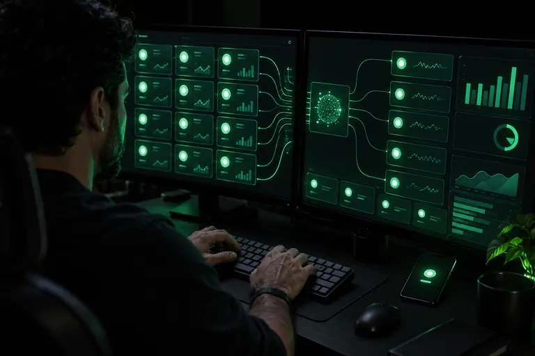Profissional acompanha em dois monitores as peças produzidas pelos agentes