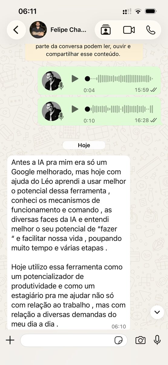 Conversa real de Felipe no WhatsApp sobre o agente trabalhando.
