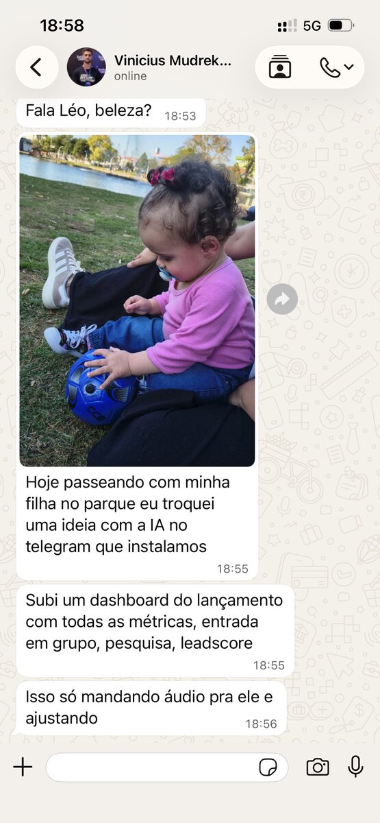 Conversa real de Vinicius Mudrek no WhatsApp sobre o agente trabalhando.