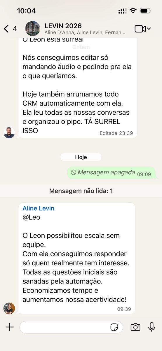 Conversa real de Aline Levin no WhatsApp sobre o agente trabalhando.