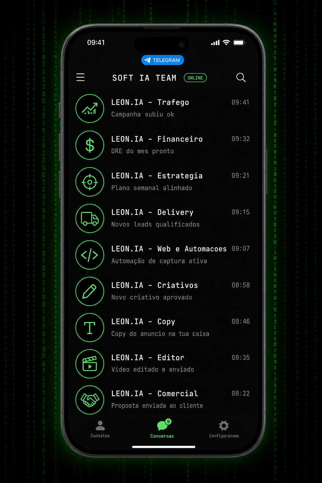 Time IA no Telegram — LEON.IA rodando 9 frentes: Tráfego, Financeiro, Estratégia, Delivery, Web, Criativos, Copy, Editor, Comercial