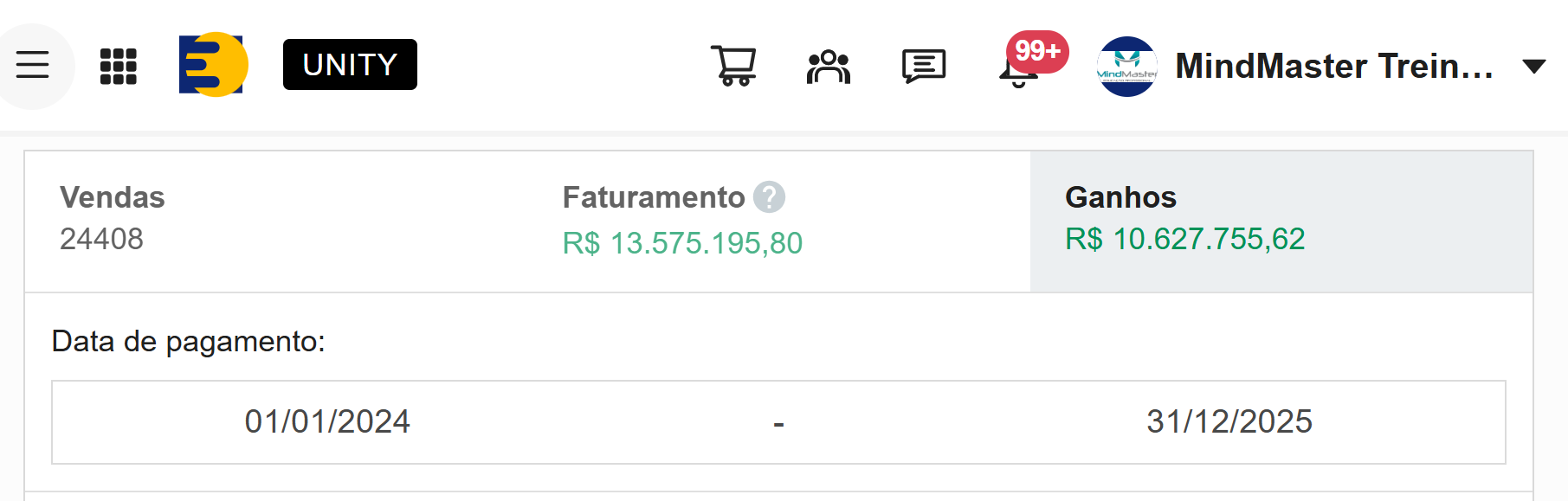 Dashboard Eduzz MindMaster Treinamentos · 24.408 vendas · R$ 13.575.195,80 de faturamento · 01/01/2024 a 31/12/2025