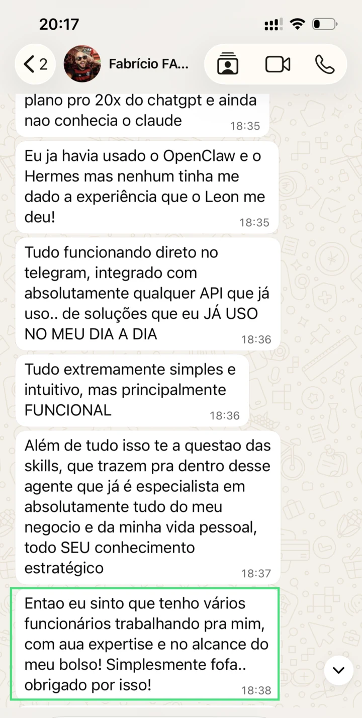 Mensagem de Fabrício sobre o agente