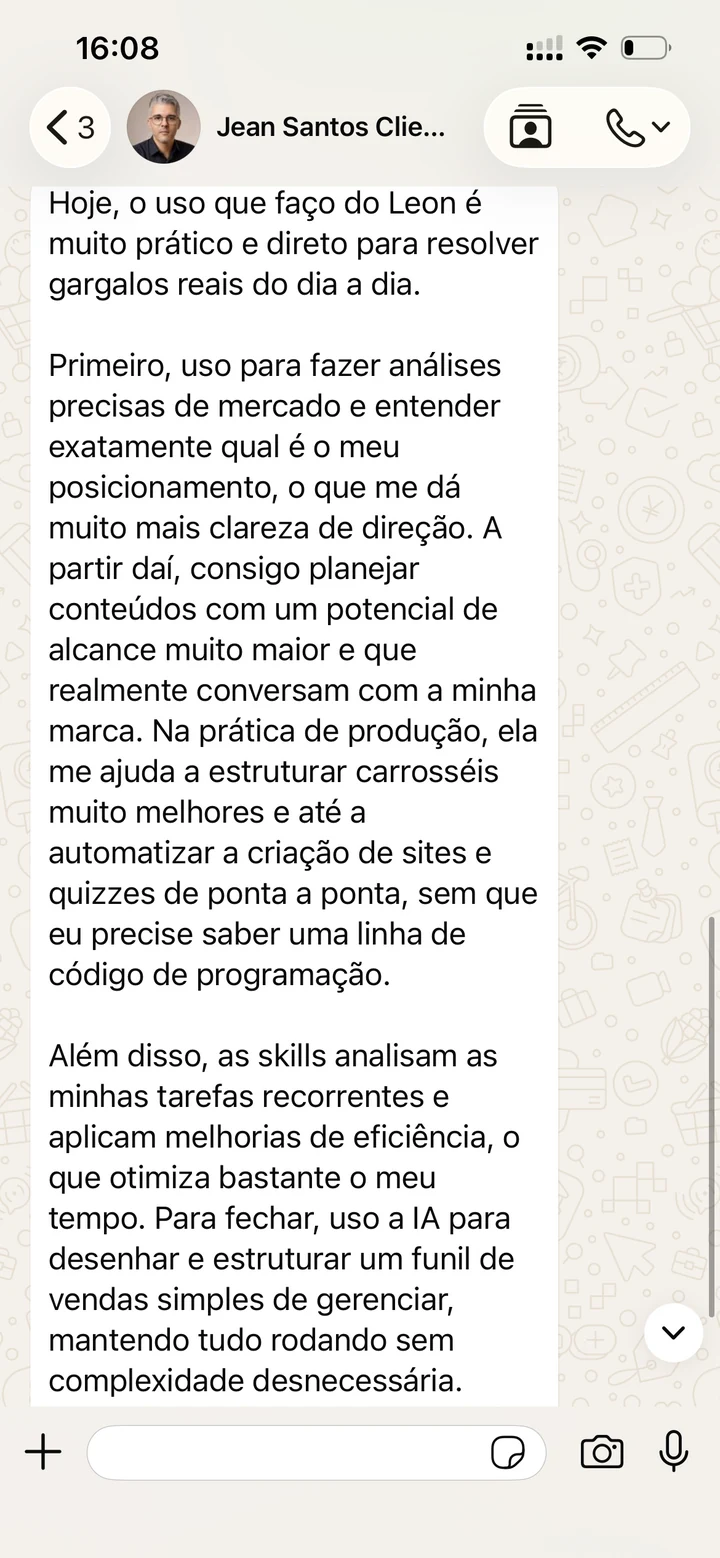 Mensagem de Jean sobre trabalhos feitos sobre o agente