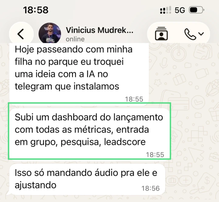 Mensagem de Vinicius sobre o agente